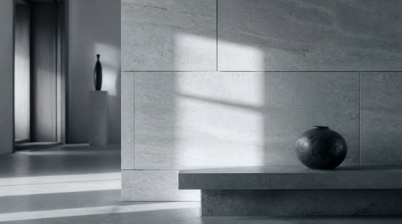 Sunlit travertine stone wall with refined sculptural vase