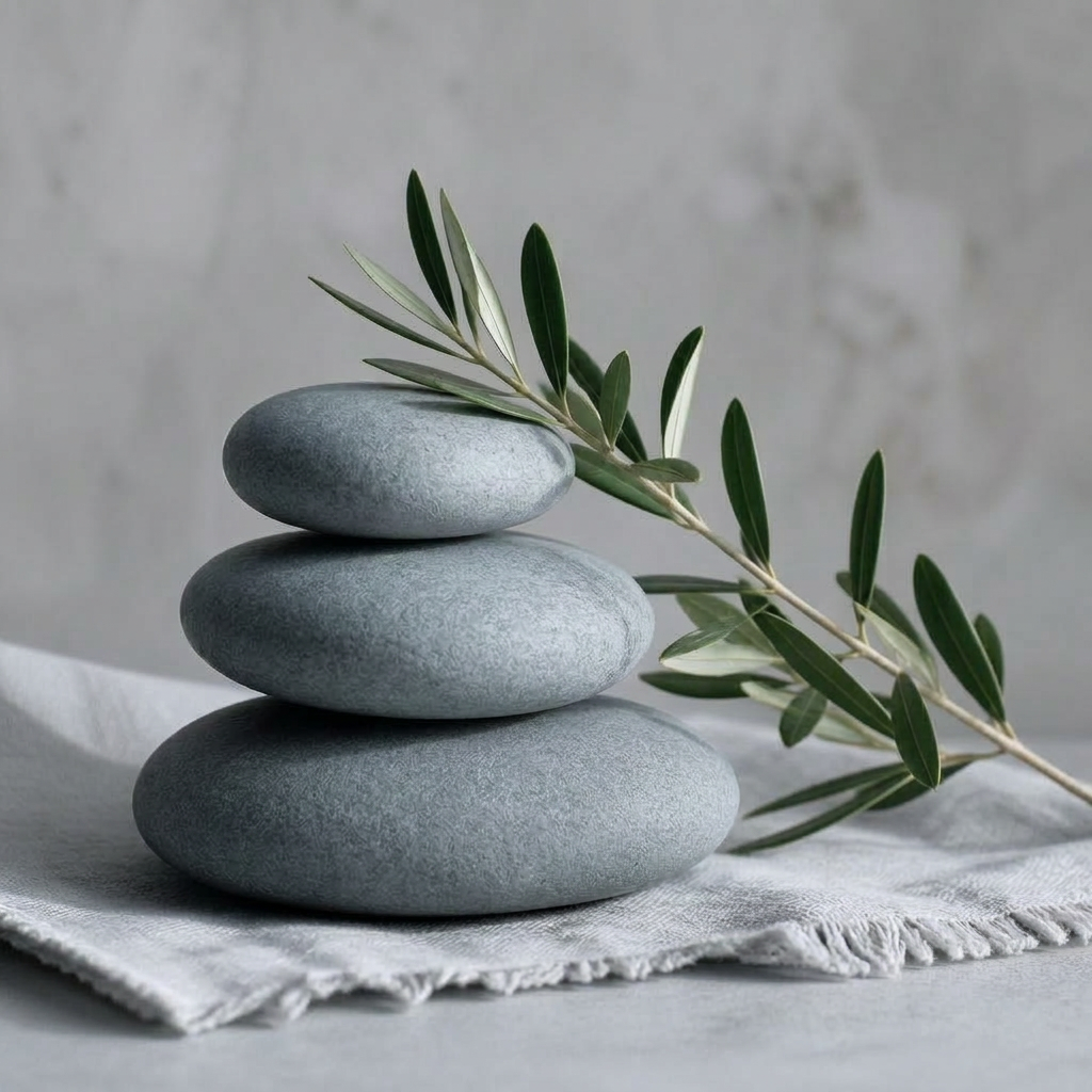 Stacked stones with olive branch